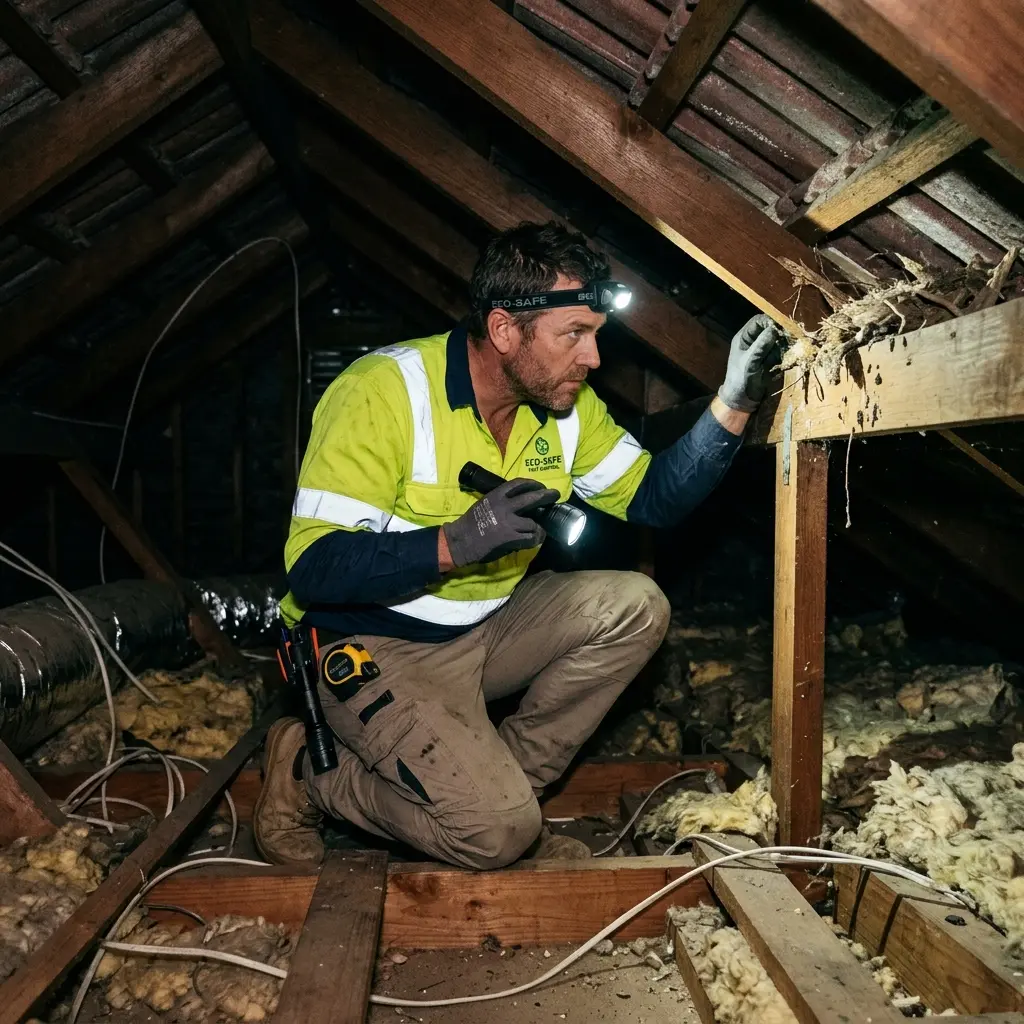 Technician inspecting a roof cavity for a dead animal in Hampton Park