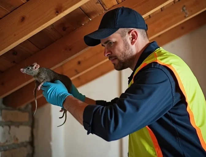 Technician inspecting a roof cavity for a dead rat in Hampton Park